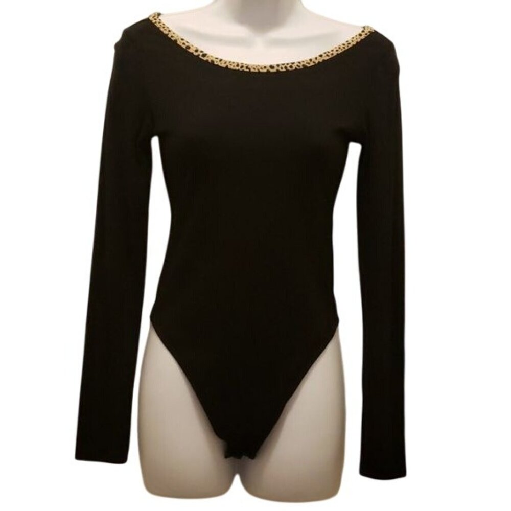 American Eagle Long Sleeve Bodysuit Size Small Black Leopard Print Trim Stretch